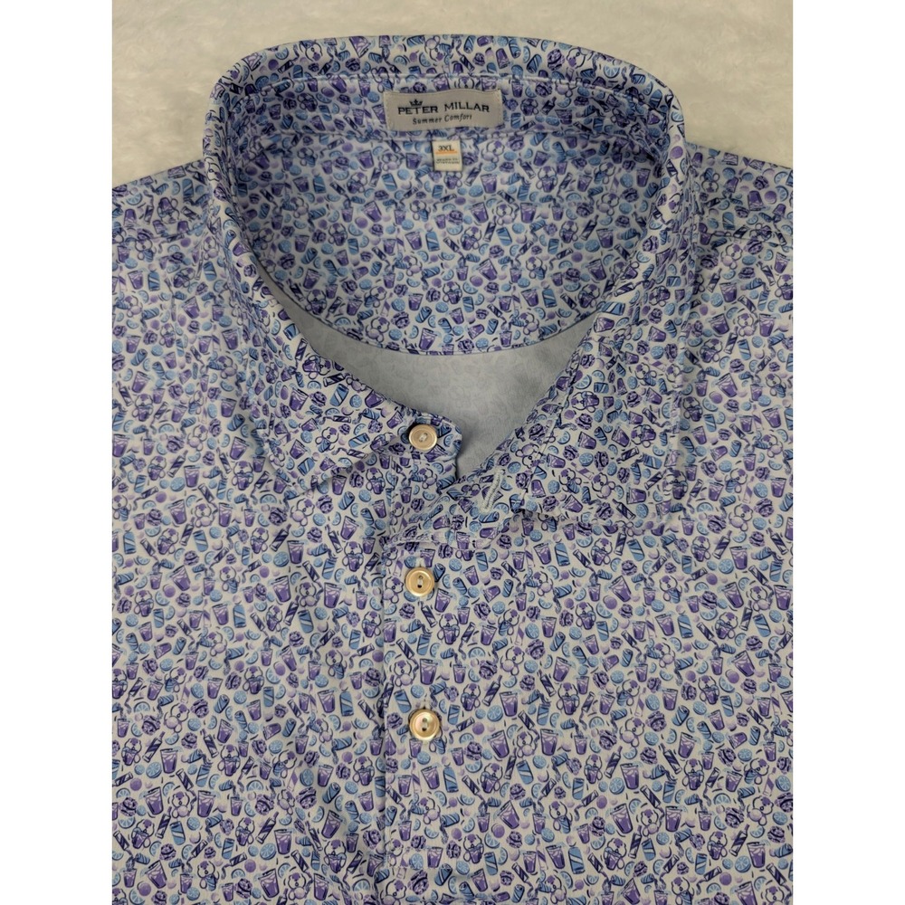 Peter Millar Summer Comfort Polo Shirt Men 3XL Blue Cocktail All Over Print Golf